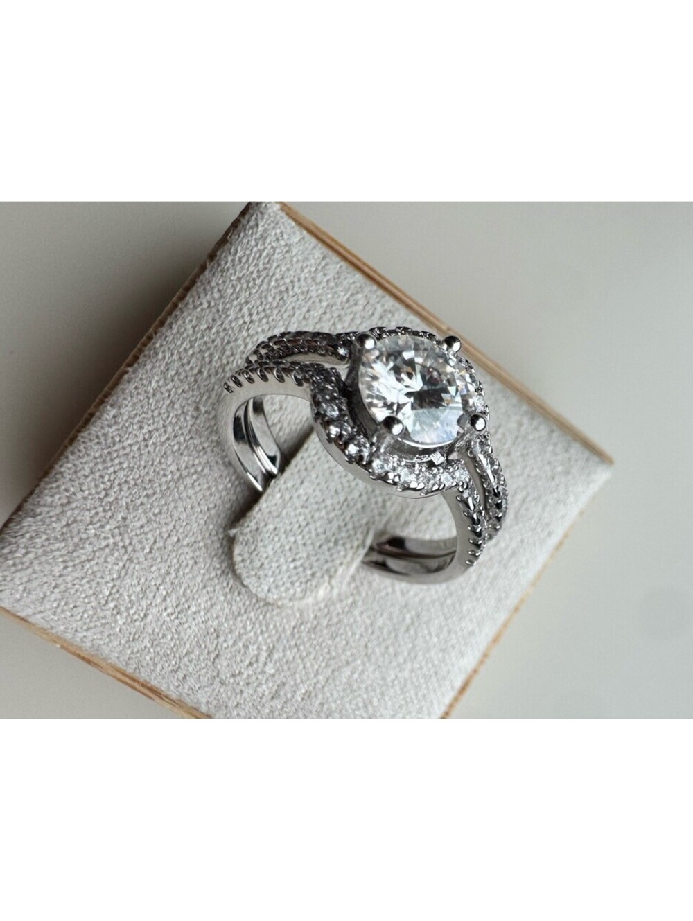 One Ctw Moissanite, Rhodium Plated Engagement Ring And Wedding Band Set Cz Halo